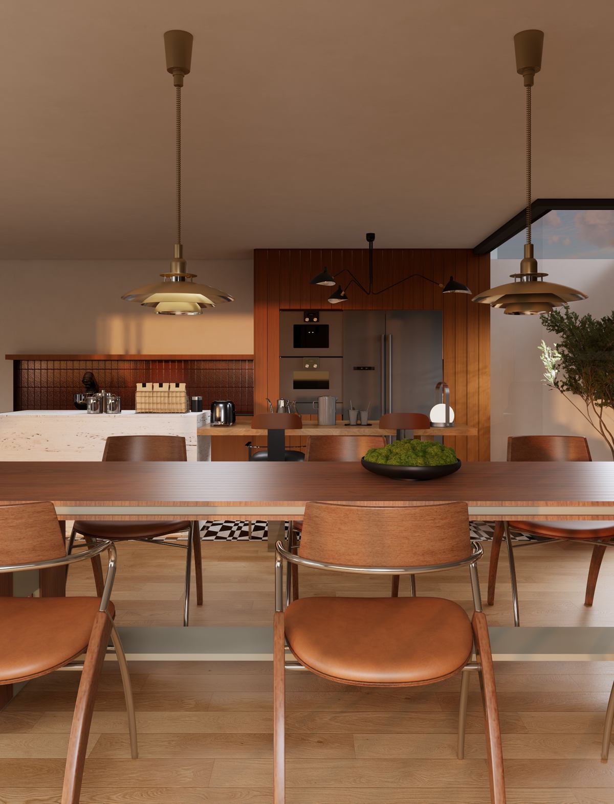 A long dining table with leather chairs, looking towards the kitchen and timber wall.