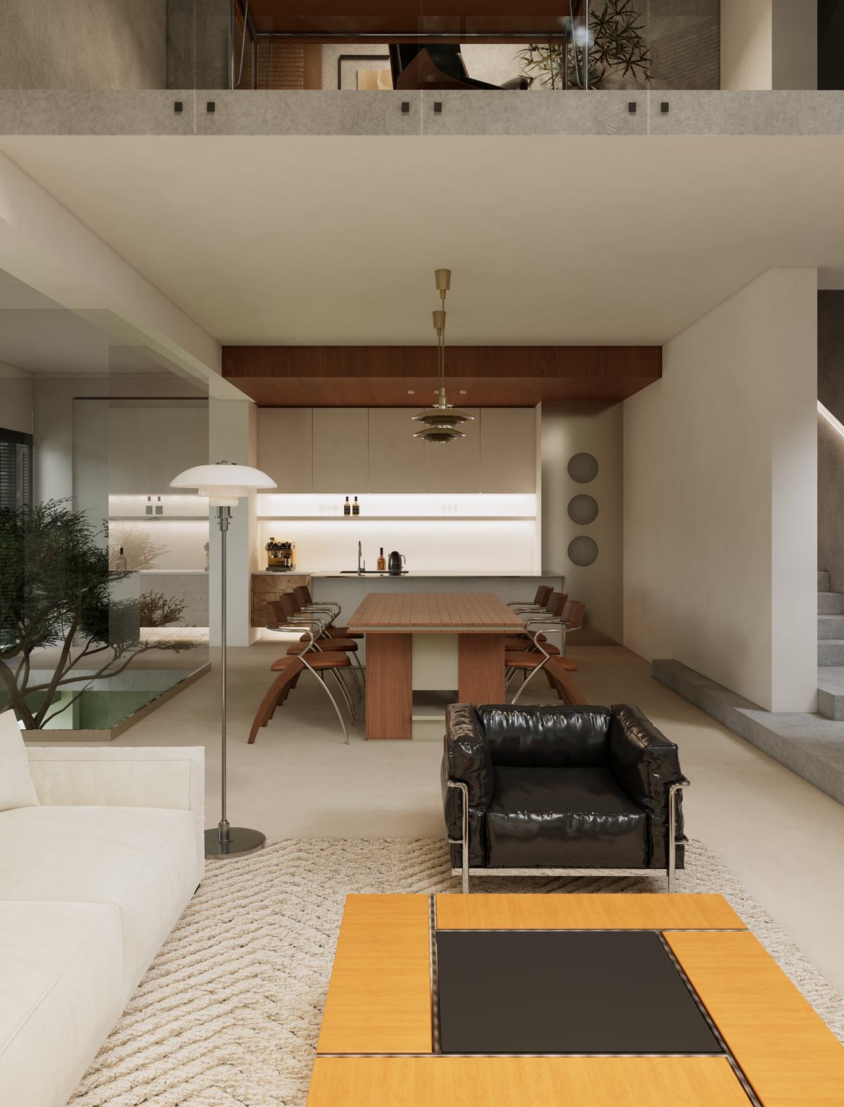 Looking across the living room to the dining table and kitchen under a timber ceiling band.
