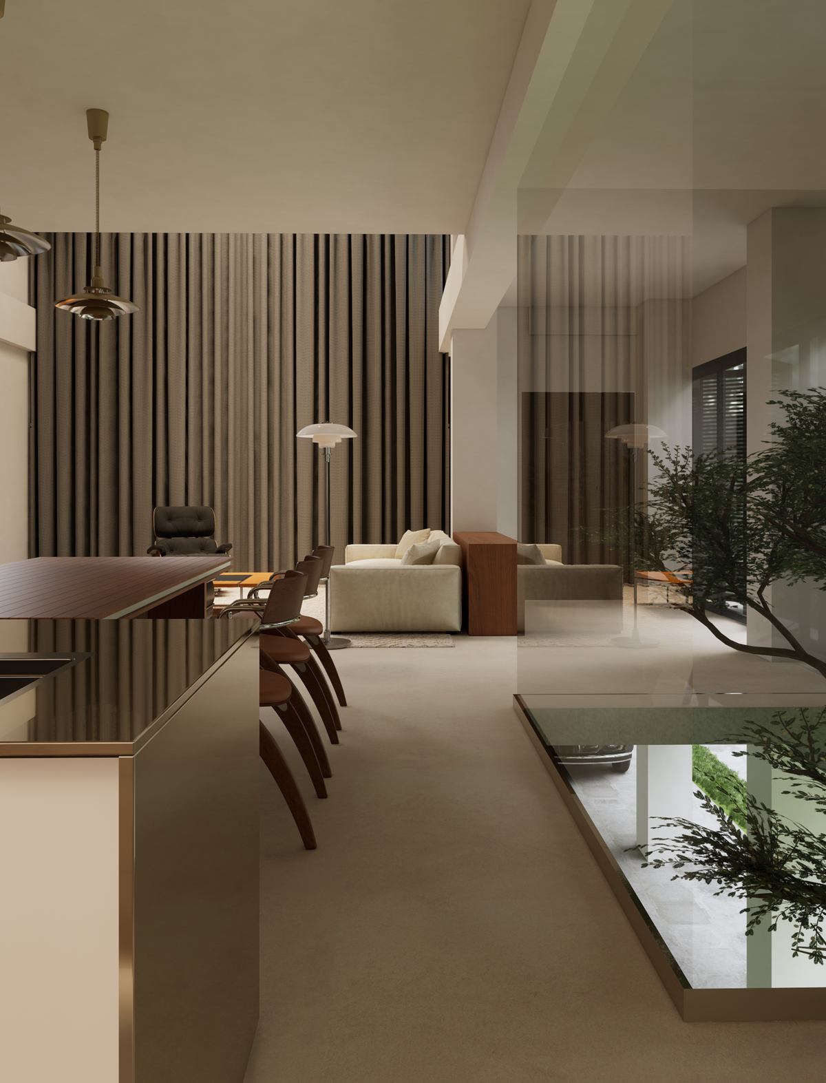 The route past the kitchen island, with full-height curtains and a planted, glazed light well to the right.